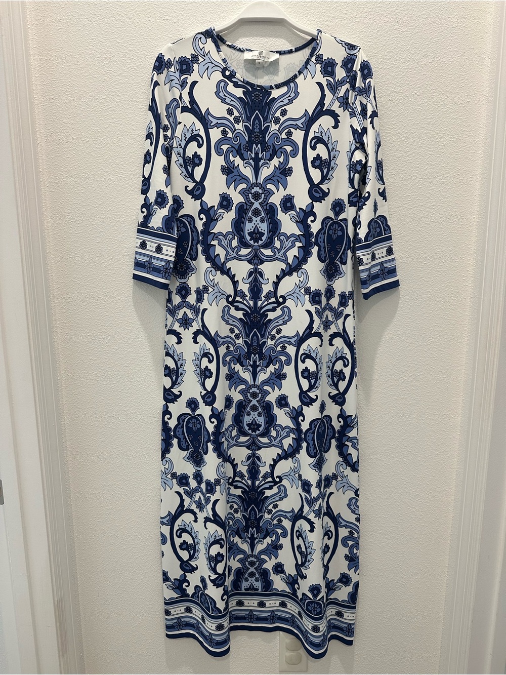 Jean-Pierre Klifa White and Blue Printed Maxi Dress with Ornate Motif